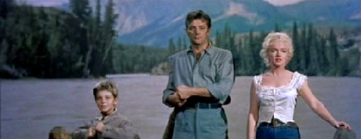 Tommy Rettig, Robert Mitchum and Marilyn Monroe in River of No Return