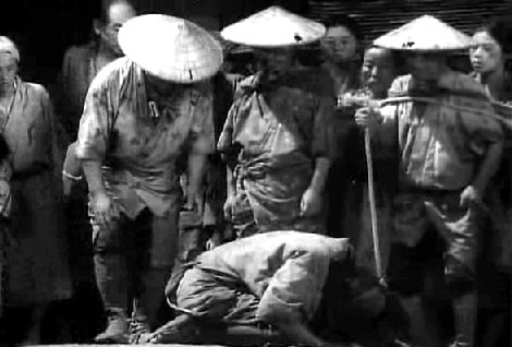The villagers get beaten for trying to offer rice as payment to a samurai