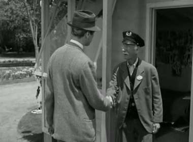 Elwood makes friends with the gateman at Chumley's Rest