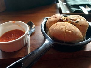 A delicious start to the meal: a buttery herby bread and a sundried tomato dip.