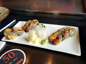 The Benihana tempura roll, filled with salmon, tuna and prawn.