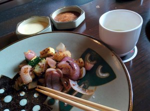 Part of the hibachi main course: vegetables, straight off the griddle. 