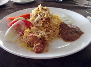 Lunch at 4 Seasons: Biryani, the works, and salad.
