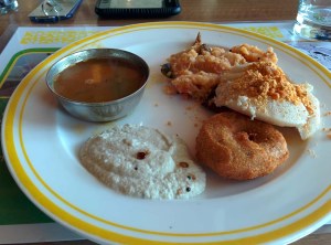 Breakfast at Citrus: tomato upma, idli, vada, chutney and sambaar.