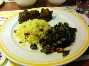 Dinner at Citrus: lemon rice, gongura mamsam, and bendakkai vedupu.