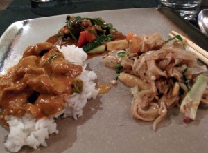 Lunch at Dao: lamb panang curry, steamed rice, a vegetable stir-fry, and vegetable phad thai.