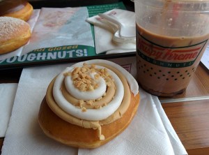 Iced mocha and a vanilla-cappuccino doughnut: watery coffee, too-sweet frosting on the doughnut.