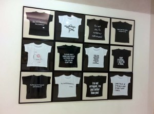 Fun stuff! Witty T-shirts on a wall.