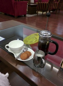 At the Tea Lounge in Lemon Tree Premier: Kenyan AA Masai coffee and cookies.