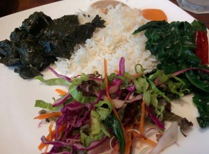 Doh nai with rice and fried spinach (and lots of salad).