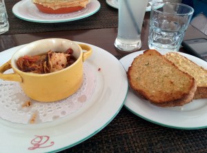 Lunch at Elma's: pil-pil prawns and garlic bread.