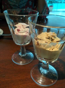 Two flavours of ice cream: sour cherry and white chocolate, and salted pecan.
