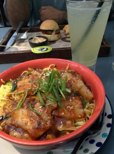 The mobar bork - pork belly with black bean sauce, Asian veggies, and noodles in a black bean sauce.