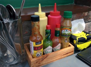The hot sauces at our table.
