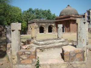 The six pillars that mark the remains of an unidentified tomb.