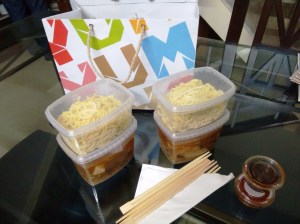Boxes of pork ramen - noodles separate, broth separate - packed from Yum Yum Cha.