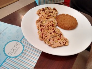 From Sucre: Coconut lemon chilli oat cookie, and cranberry and almond biscotti,