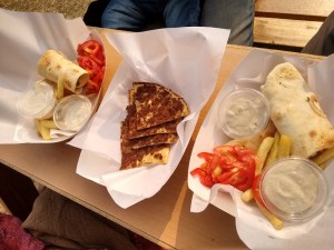 Two types of shawerma flank the fatayer bil lahem.