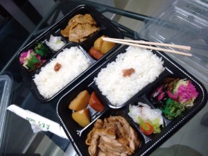 Bento boxes from Tamura - pork shogayaki and chicken teriyaki.