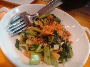 A vegetable stir fry: pak choy, cashew nuts, water chestnuts and bamboo shoot.