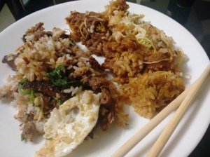 Mains from Sushiya: Bibimbap with a fried egg on top, and bulgogi with rice.