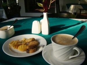 Teatime at The Glasshouse: coffee and a plate of assorted cookies and namak paras.