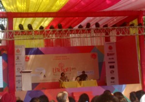 Seen from afar, but that's Nayantara Sahgal in conversation with Kiran Nagarkar.