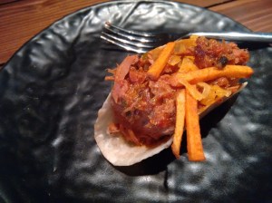 Braised lamb boti tacos at Farzi Cafe.