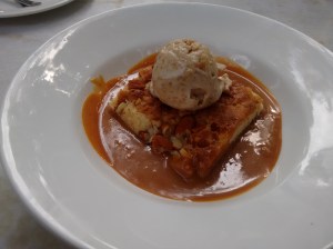 Almond bread pudding with caramel sauce and fig ice cream; what a farce the 'bread pudding' was!