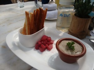 Chicken liver pate with melba toast and an interesting fruit compote.
